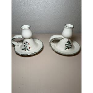 1996 Set 2) Hermitage Pottery Spongeware Holiday Tree w/Handle Candle Holder 611